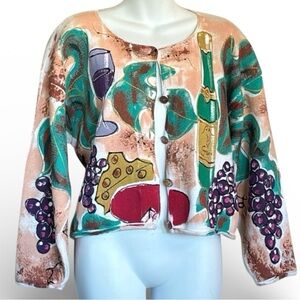 KOLORWAY cardigan, rare hand-painted, for a wine-lover. Adorable! 1 (XL) VTG